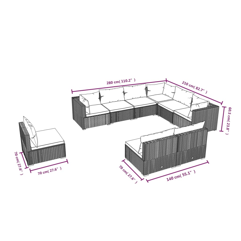 Set Divani da Giardino 9 pz con Cuscini in Polyrattan Nero 3102576