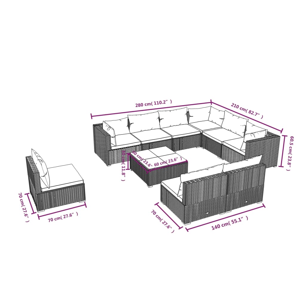 Set Divani da Giardino 10 pz con Cuscini in Polyrattan Nero cod mxl 32620