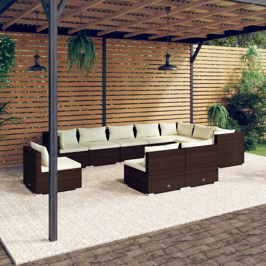 Set Divani da Giardino 10 pz con Cuscini in Polyrattan Marrone 3102594