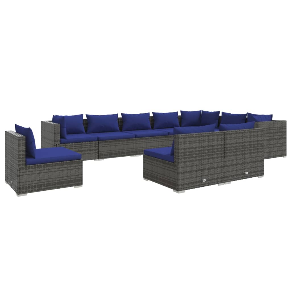 Set Divani da Giardino 10 pz con Cuscini in Polyrattan Grigio 3102598