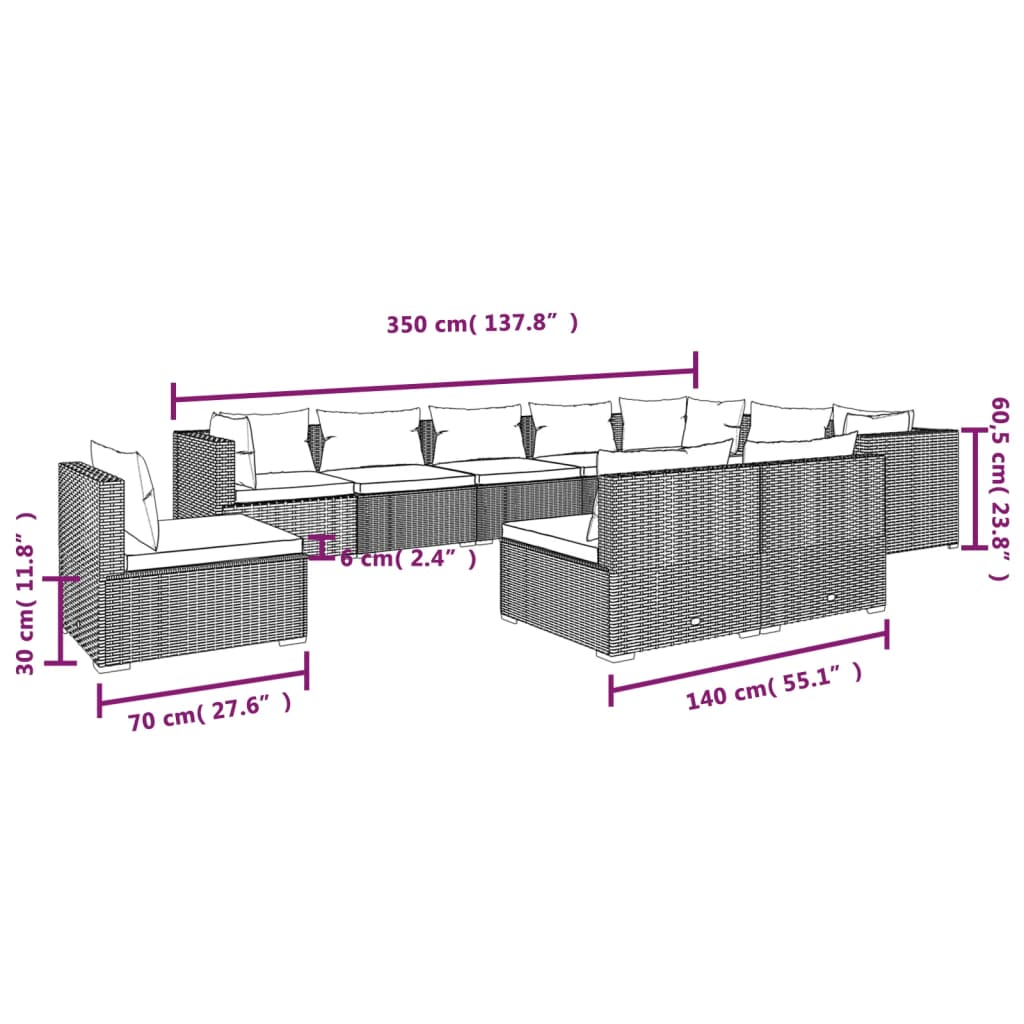 Set Divani da Giardino 10 pz con Cuscini in Polyrattan Grigio 3102598