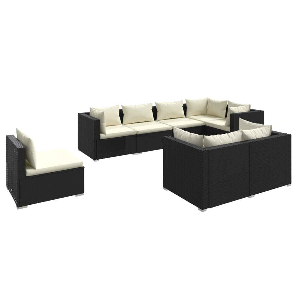 Set Divani da Giardino 8 pz con Cuscini in Polyrattan Nero 3102607