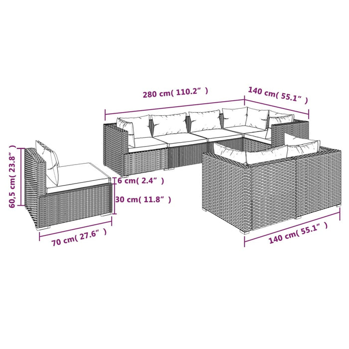 Set Divani da Giardino 8 pz con Cuscini in Polyrattan Nero 3102607