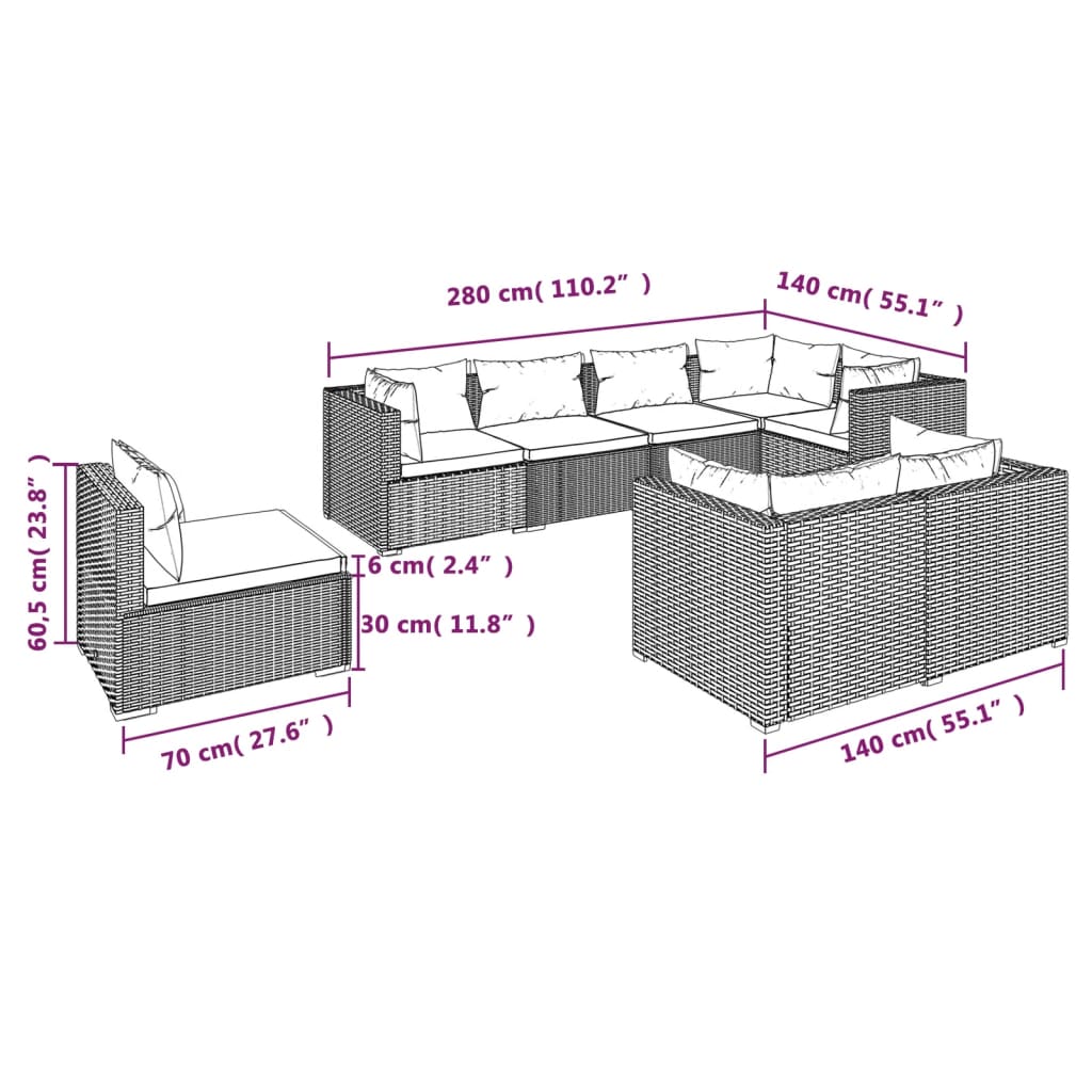 Set Divani da Giardino 8 pz con Cuscini in Polyrattan Nero cod mxl 34877