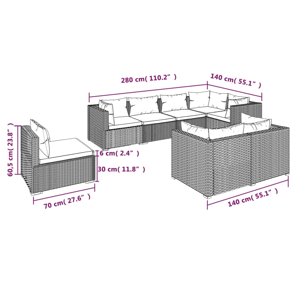 Set Divani da Giardino 8 pz con Cuscini in Polyrattan Nero 3102608