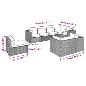 Set Divani da Giardino 8 pz con Cuscini in Polyrattan Nero 3102608