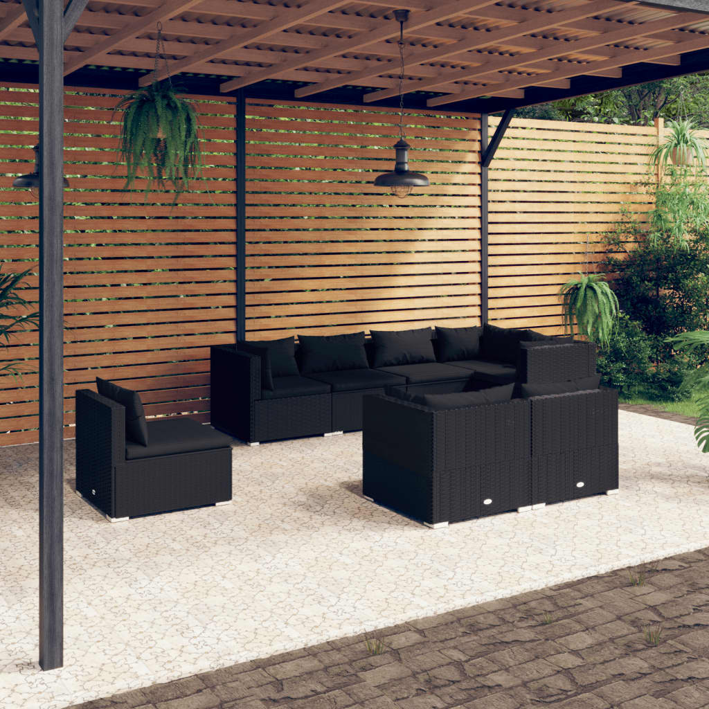 Set Divani da Giardino 8 pz con Cuscini in Polyrattan Nero 3102608