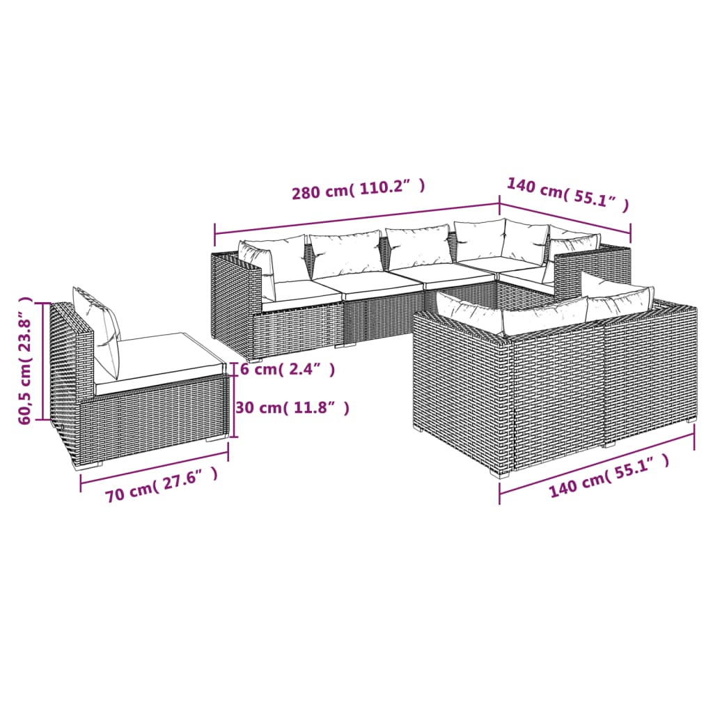 Set Divani da Giardino 8 pz con Cuscini in Polyrattan Nero 3102609