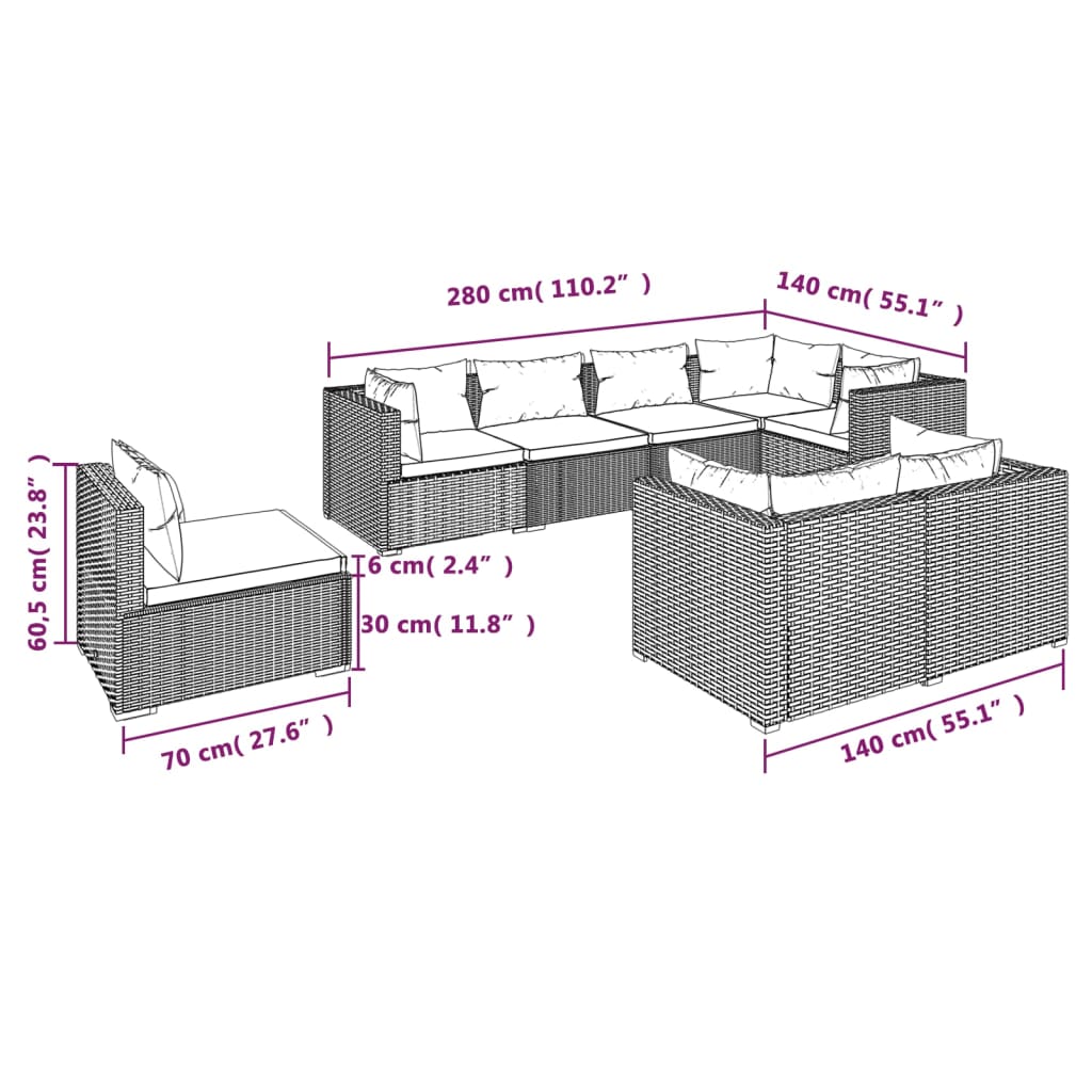 Set Divani da Giardino 8 pz con Cuscini in Polyrattan Grigio 3102613