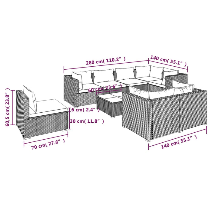 Set Divani da Giardino 9 pz con Cuscini in Polyrattan Grigio cod mxl 52016