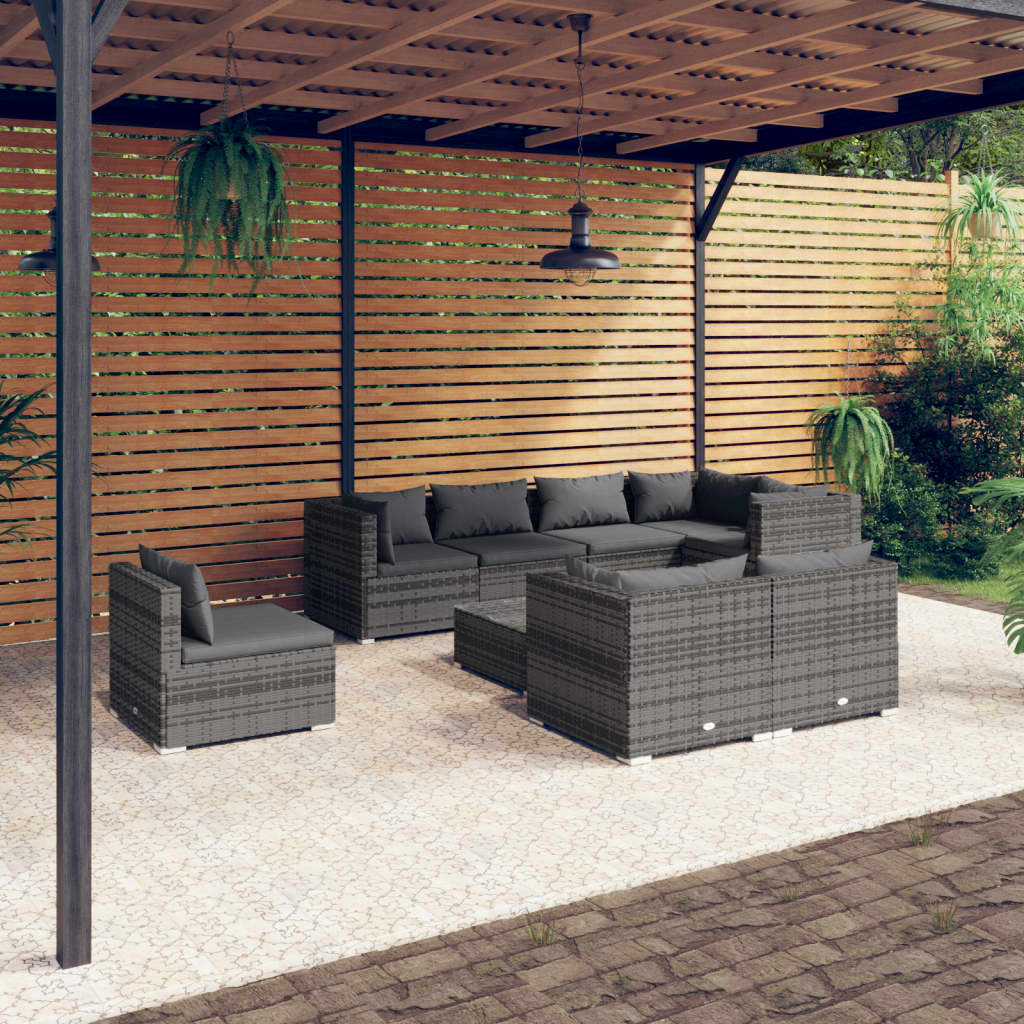 Set Divani da Giardino 9 pz con Cuscini in Polyrattan Grigio 3102621