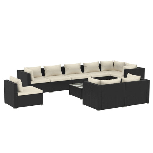 Set Mobili da Giardino 10 pz con Cuscini in Polyrattan Nero 3102631