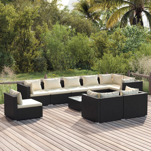 Set Mobili da Giardino 10 pz con Cuscini in Polyrattan Nero 3102631