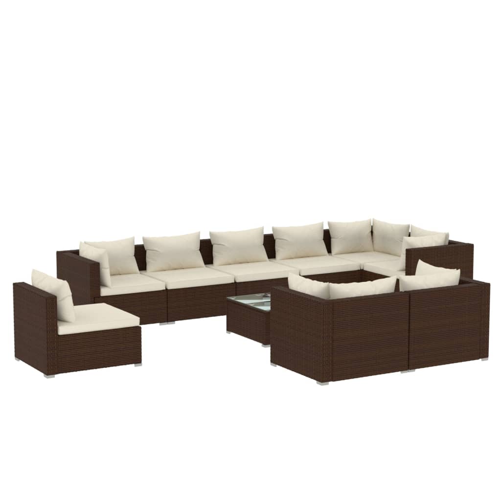 Set Divani da Giardino 10 pz con Cuscini in Polyrattan Marrone 3102634