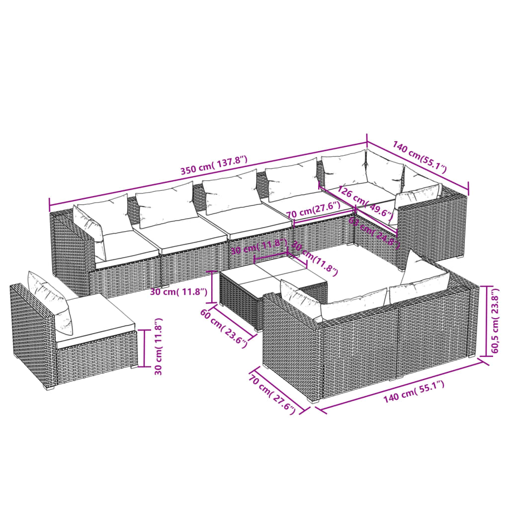 Set Divani da Giardino 10 pz con Cuscini in Polyrattan Grigio 3102638