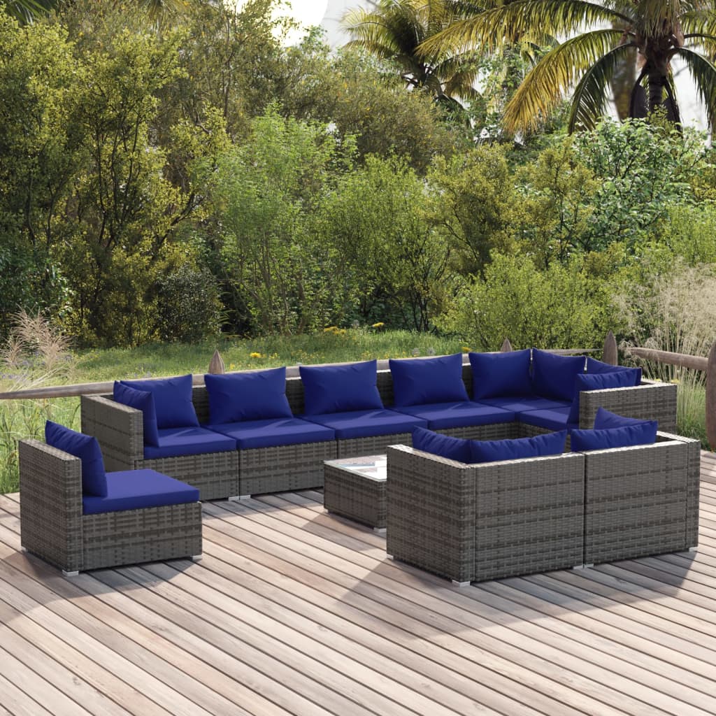 Set Divani da Giardino 10 pz con Cuscini in Polyrattan Grigio 3102638