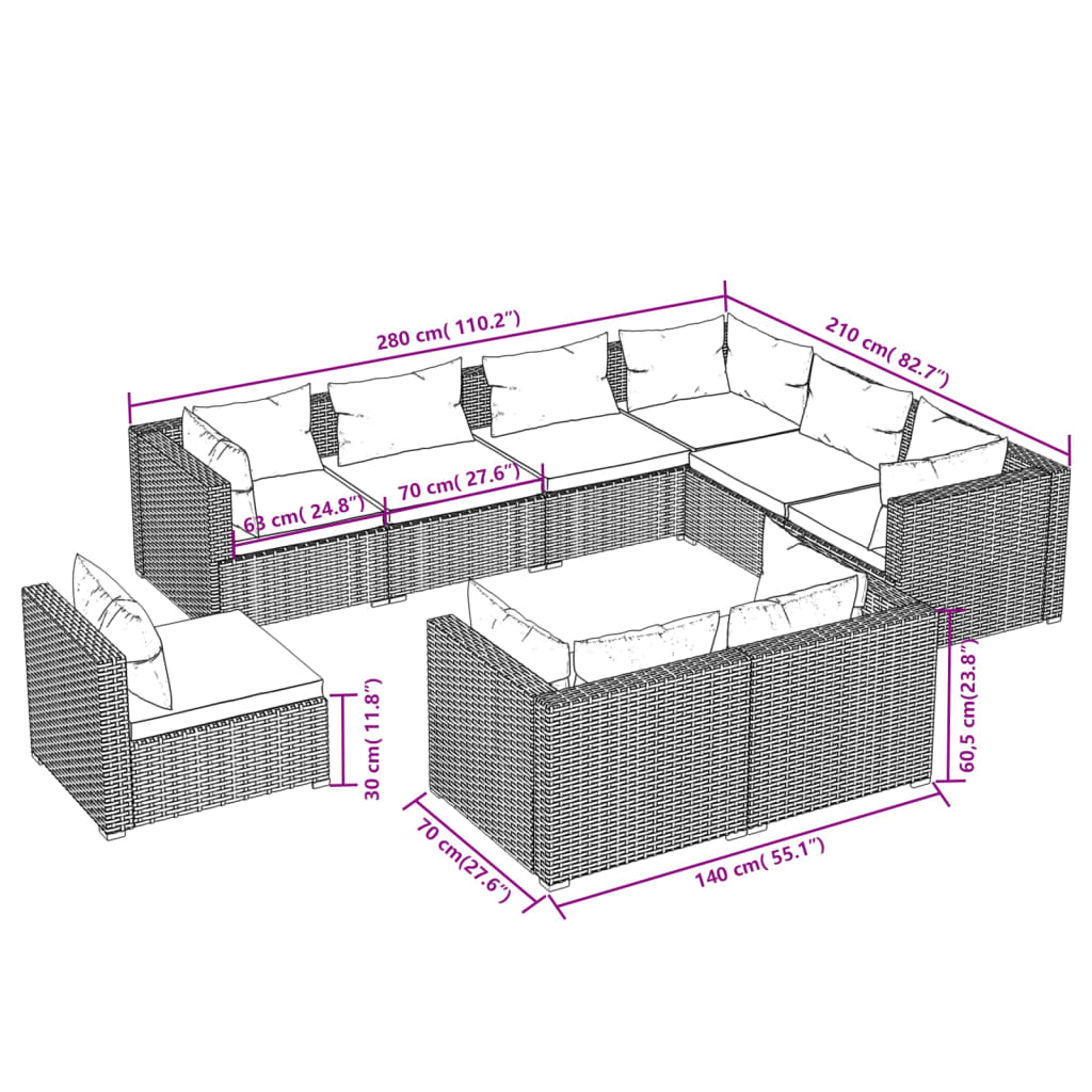 Set Salotto da Giardino 9 pz con Cuscini in Polyrattan Nero cod mxl 57061