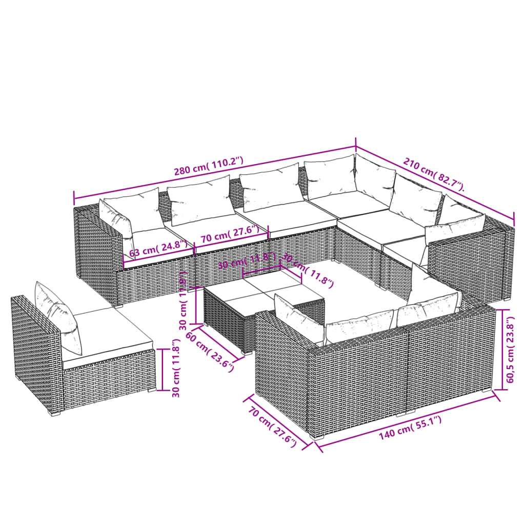 Set Divani da Giardino 10 pz con Cuscini in Polyrattan Grigio 3102654