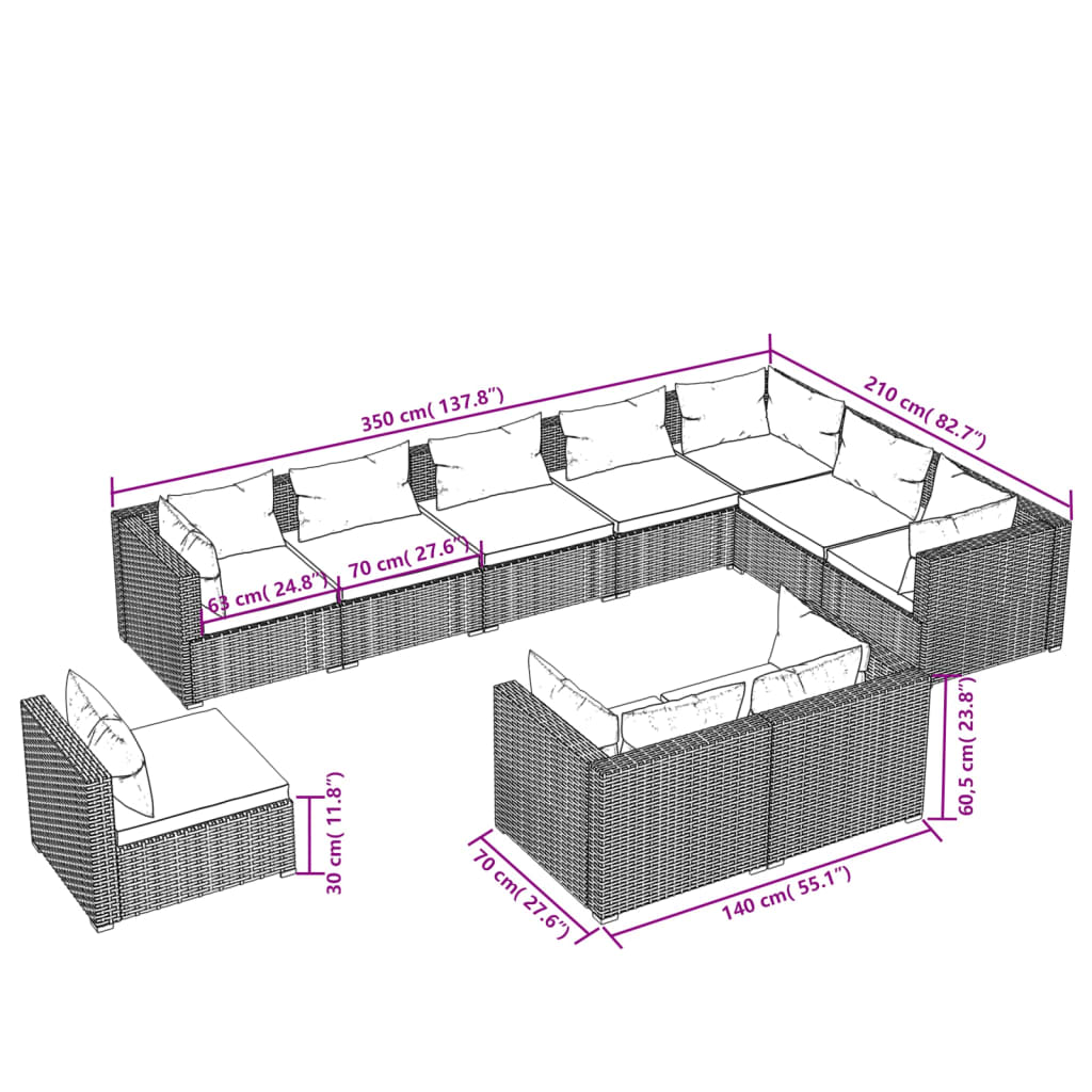 Set Mobili da Giardino 10 pz con Cuscini in Polyrattan Nero cod mxl 57068