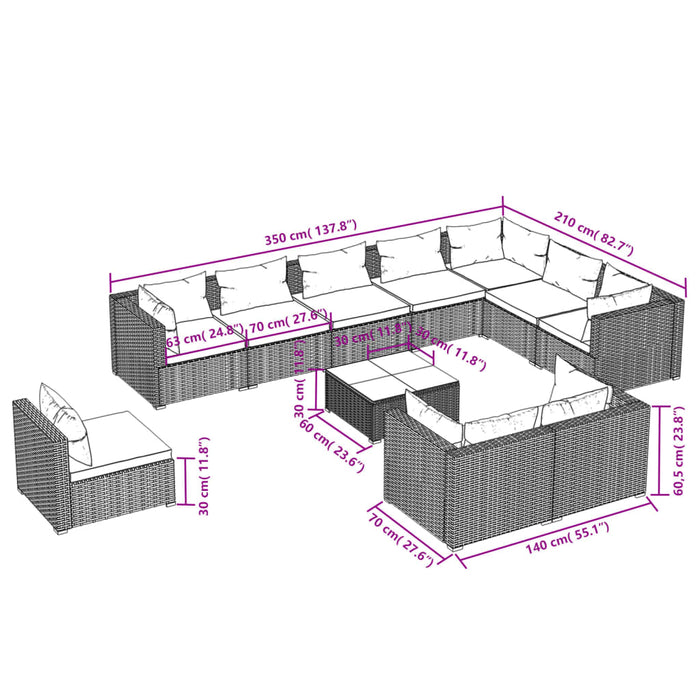 Set Divani da Giardino 11 pz con Cuscini in Polyrattan Nero cod mxl 56323