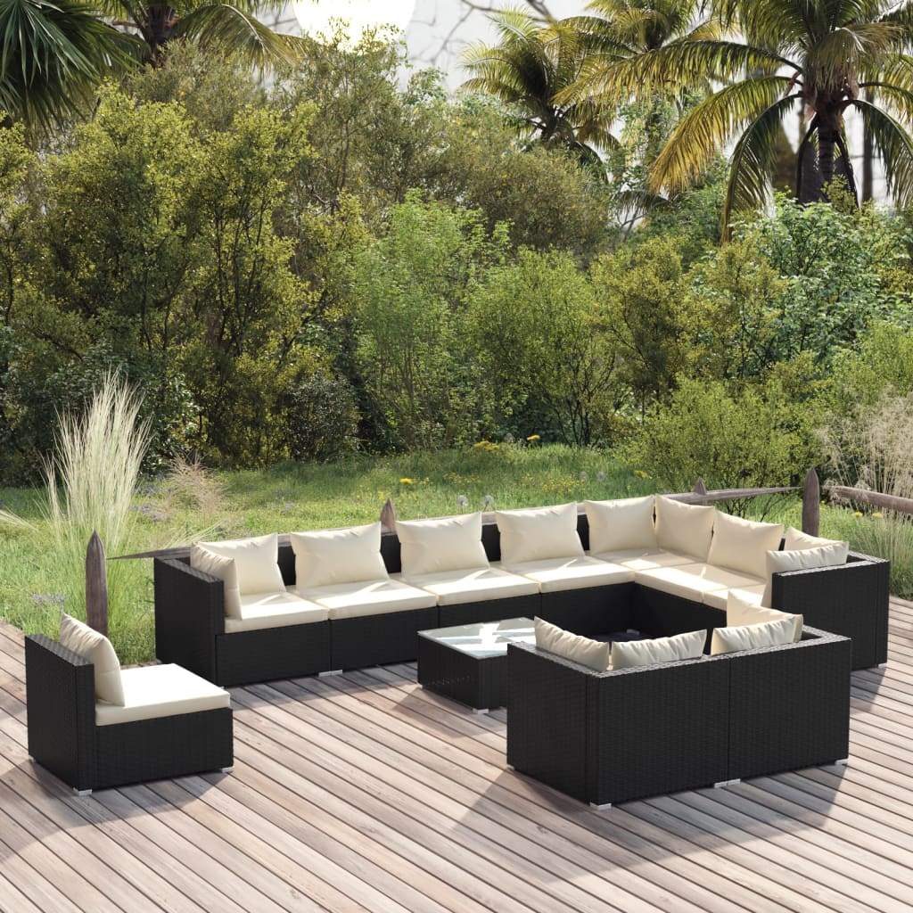 Set Divani da Giardino 11 pz con Cuscini in Polyrattan Nero cod mxl 56323