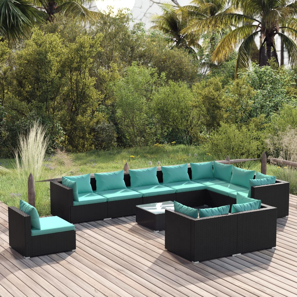 Set Divani da Giardino 11 pz con Cuscini in Polyrattan Nero 3102665