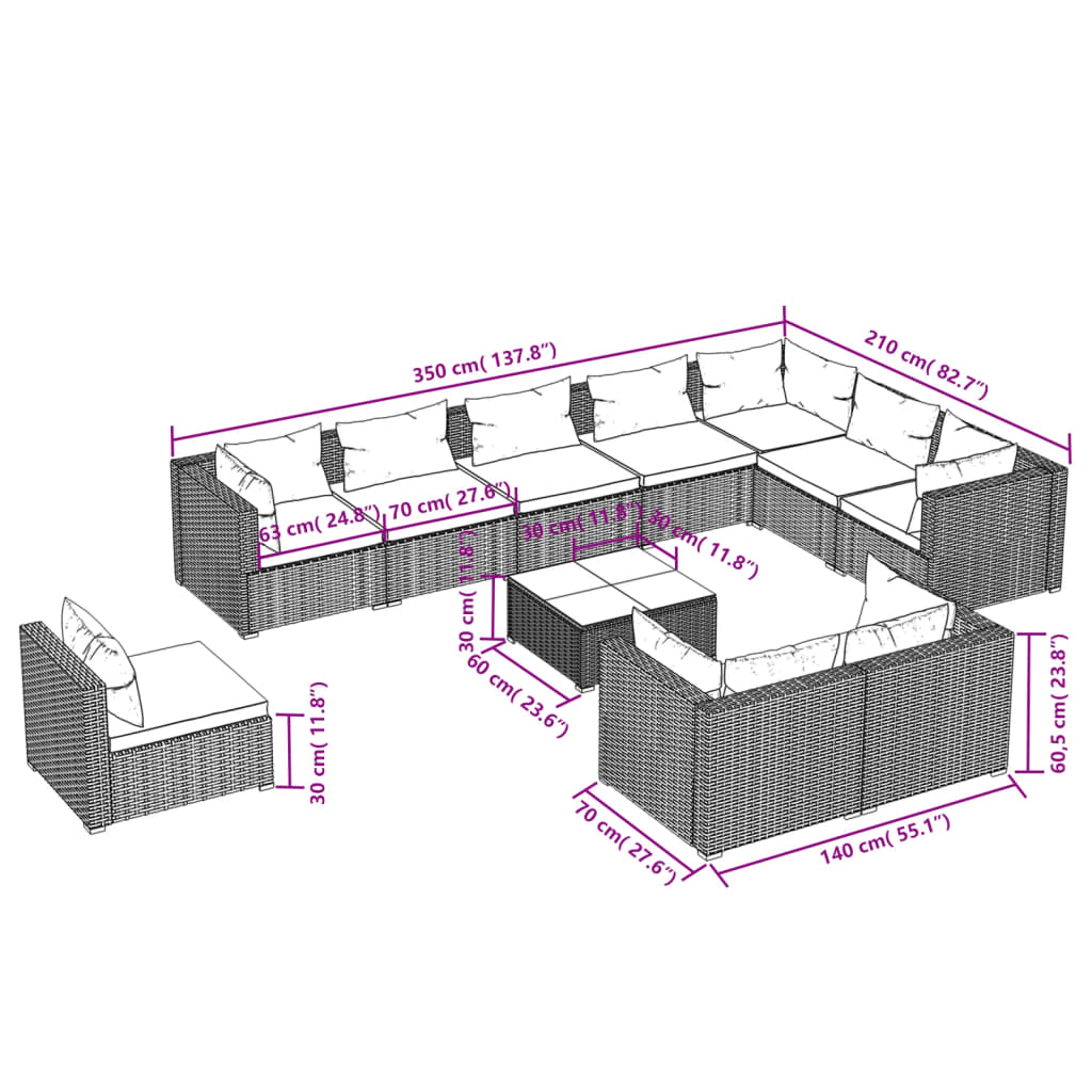 Set Divani da Giardino 11 pz con Cuscini in Polyrattan Marrone cod mxl 49832