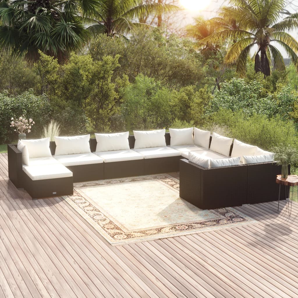 Set Divani da Giardino 10 pz con Cuscini in Polyrattan Nero 3102679