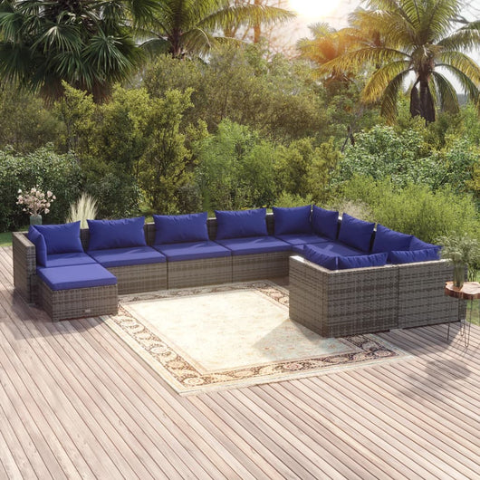 Set Divani da Giardino 10 pz con Cuscini in Polyrattan Grigio 3102686