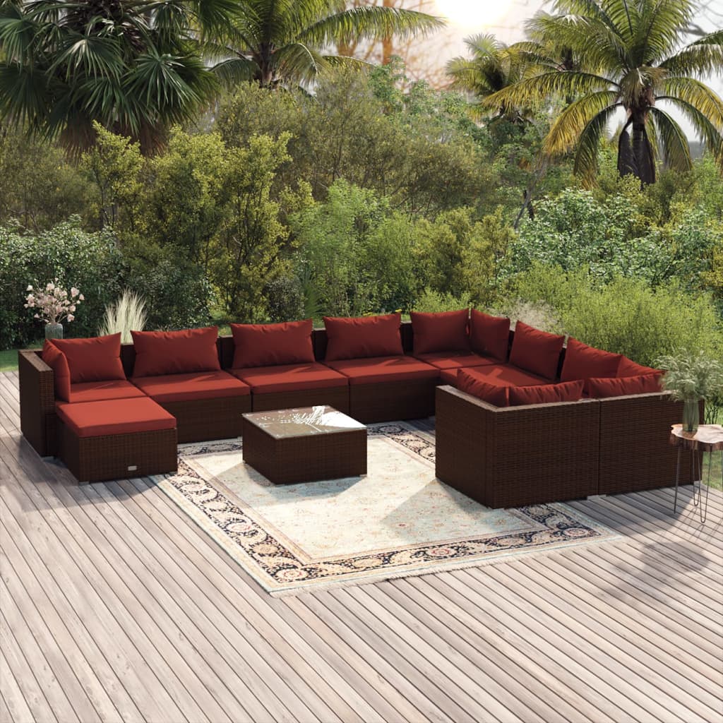 Set Divani da Giardino 11 pz con Cuscini in Polyrattan Marrone 3102691