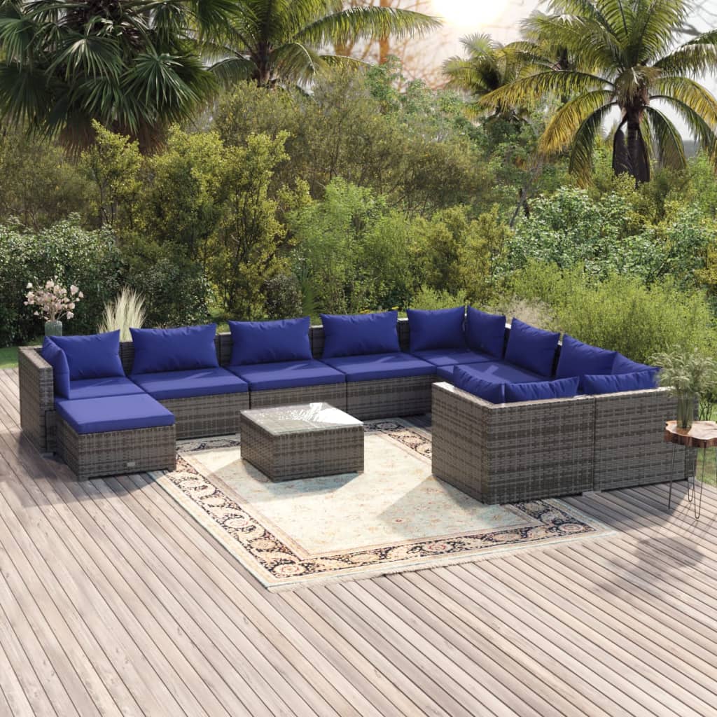 Set Divani da Giardino 11 pz con Cuscini in Polyrattan Grigio cod mxl 35145