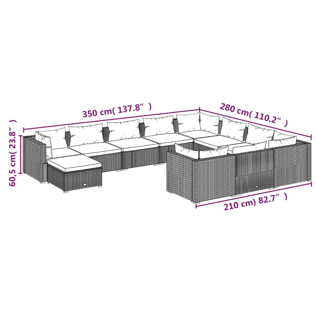 Set Divani da Giardino 11 pz con Cuscini in Polyrattan Nero 3102695