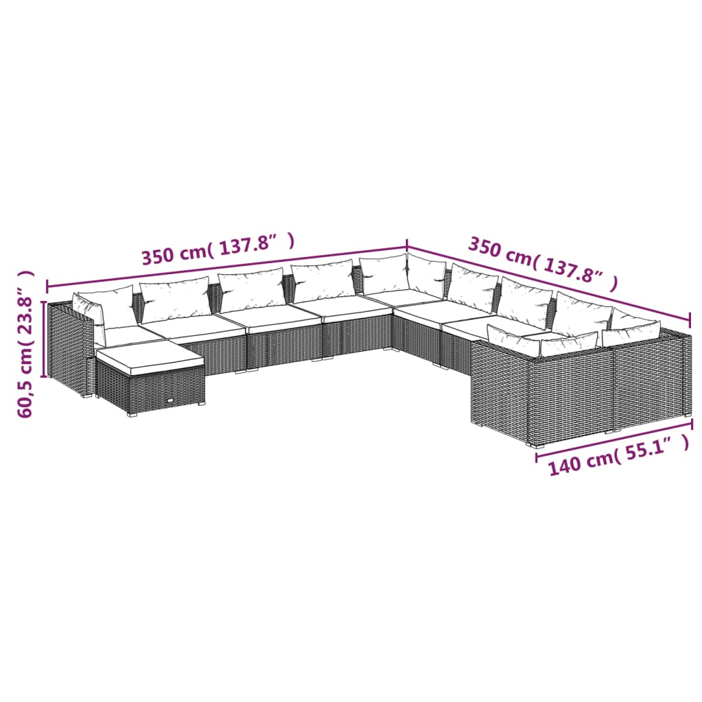 Set Divani da Giardino 11 pz con Cuscini in Polyrattan Nero cod mxl 57078