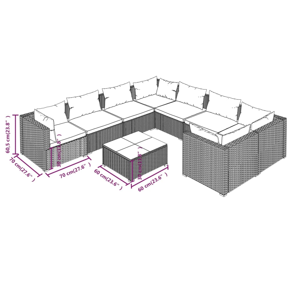 Set Salotto da Giardino 9 pz con Cuscini in Polyrattan Nero 3102743