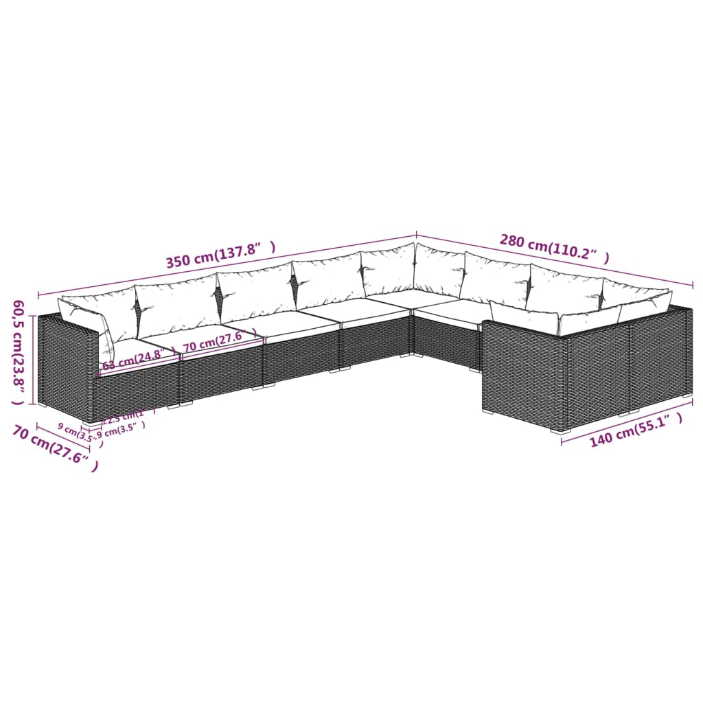 Set Divani da Giardino 9 pz con Cuscini in Polyrattan Marrone cod mxl 40834