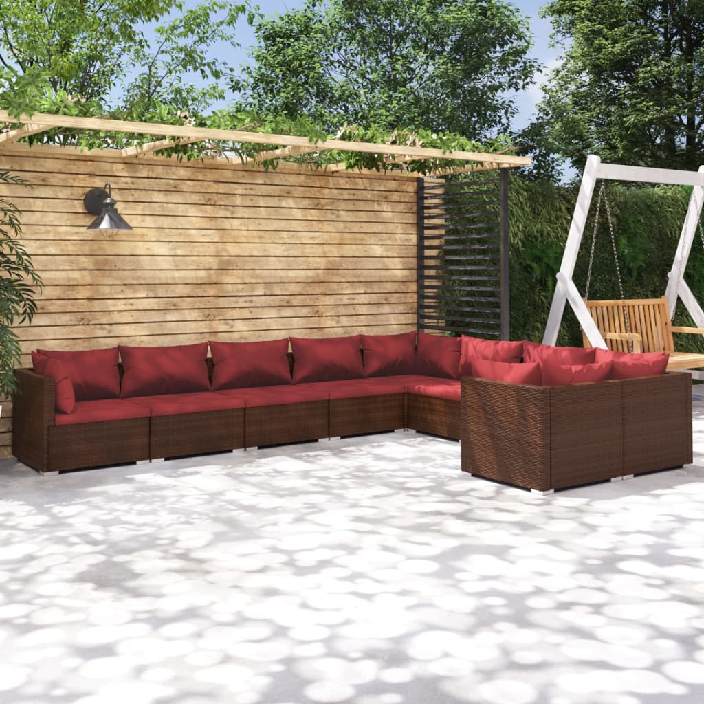 Set Divani da Giardino 9 pz con Cuscini in Polyrattan Marrone 3102763