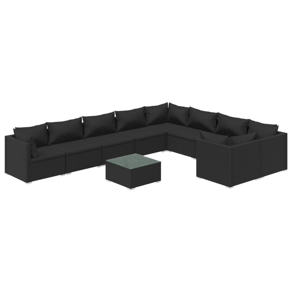 Set Divani da Giardino 10 pz con Cuscini in Polyrattan Nero 3102768