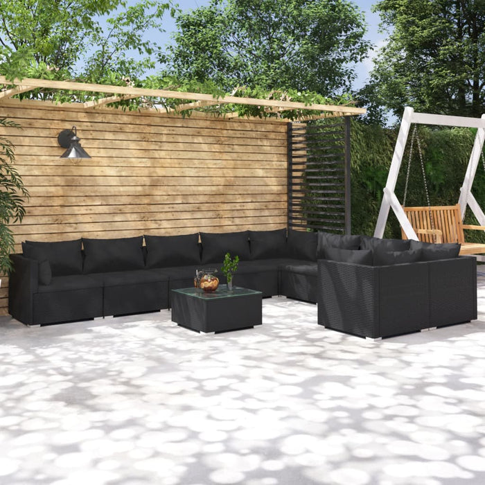 Set Divani da Giardino 10 pz con Cuscini in Polyrattan Nero 3102768