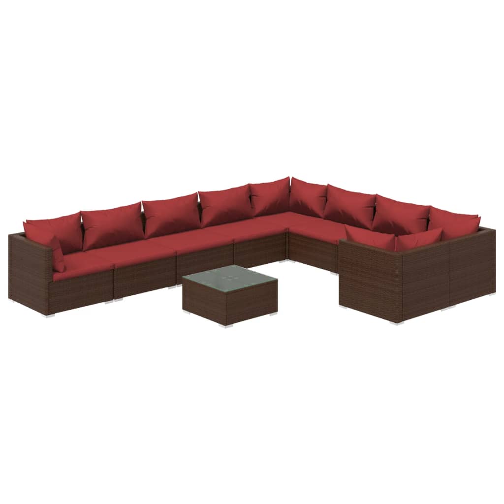 Set Divani da Giardino 10 pz con Cuscini in Polyrattan Marrone 3102771