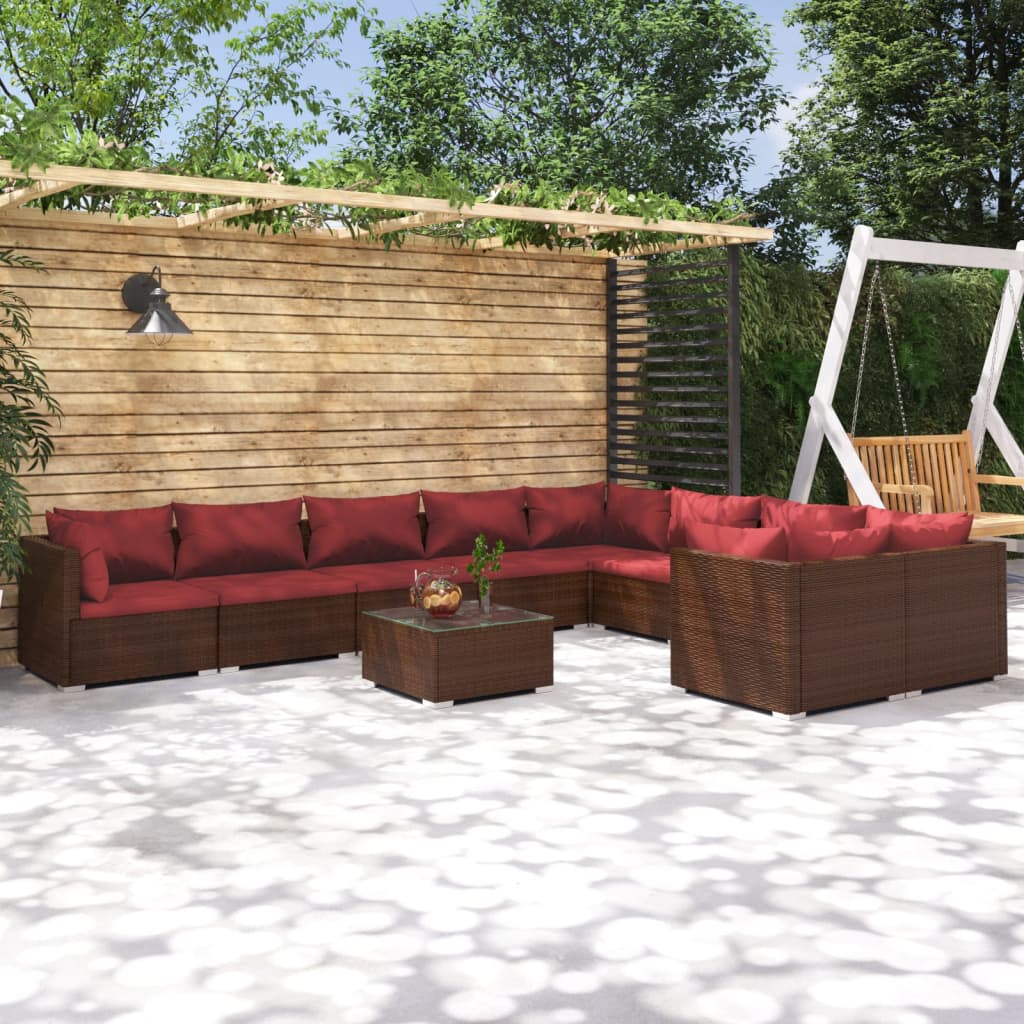 Set Divani da Giardino 10 pz con Cuscini in Polyrattan Marrone 3102771