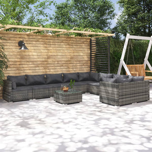 Set Divani da Giardino 10 pz con Cuscini in Polyrattan Grigio 3102773