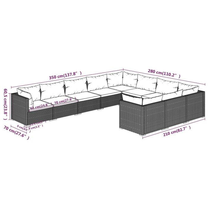 Set Divani da Giardino 10 pz con Cuscini in Polyrattan Nero cod mxl 57059