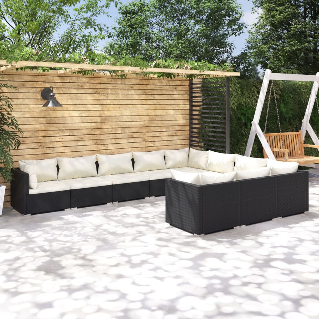 Set Divani da Giardino 10 pz con Cuscini in Polyrattan Nero cod mxl 57059