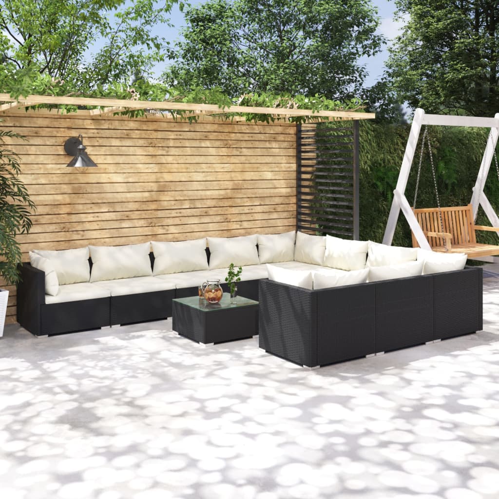 Set Divani da Giardino 11 pz con Cuscini in Polyrattan Nero 3102783