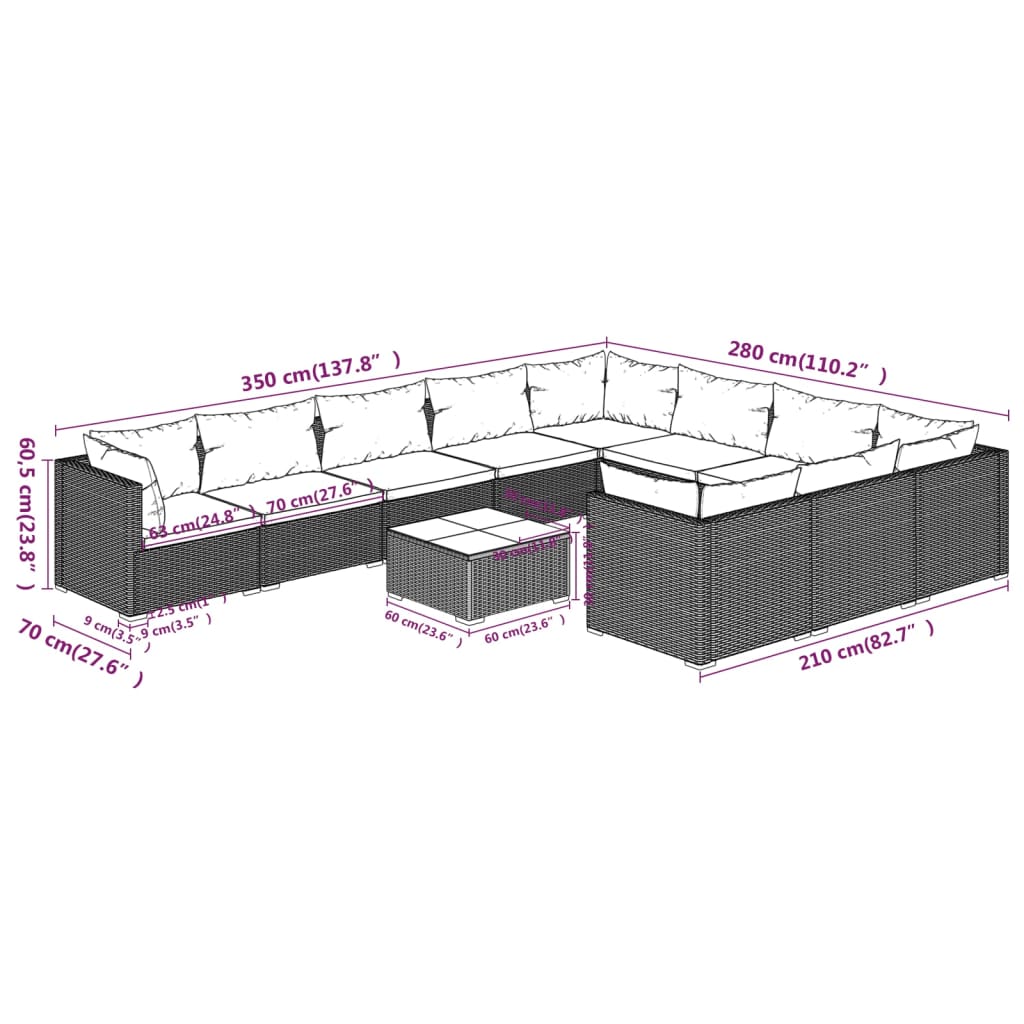 Set Divani da Giardino 11 pz con Cuscini in Polyrattan Marrone cod mxl 42469