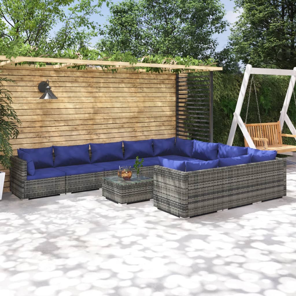 Set Divani da Giardino 11 pz con Cuscini in Polyrattan Grigio cod mxl 44840