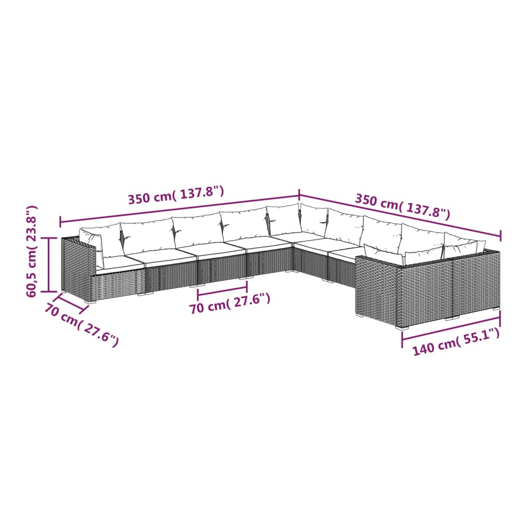 Set Divani da Giardino 10 pz con Cuscini in Polyrattan Nero 3102791