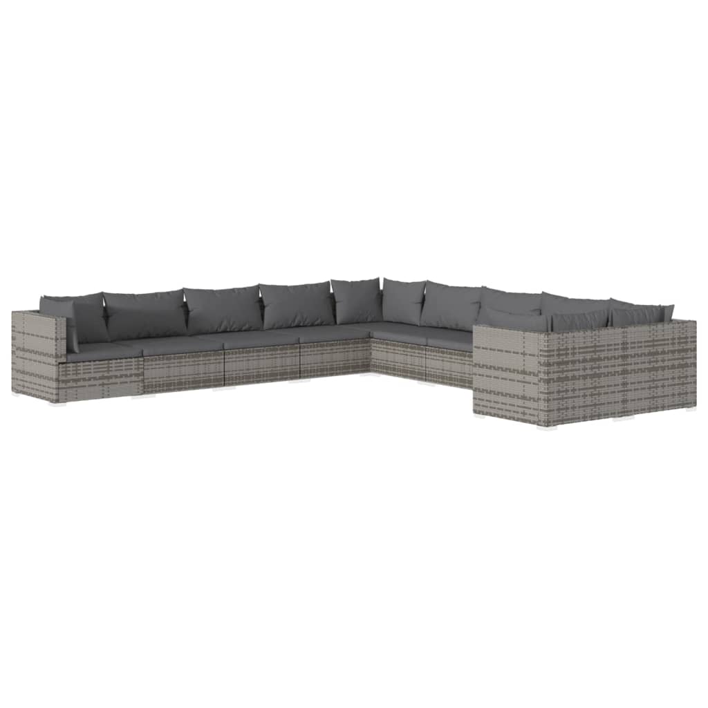 Set Divani da Giardino 10 pz con Cuscini in Polyrattan Grigio 3102797