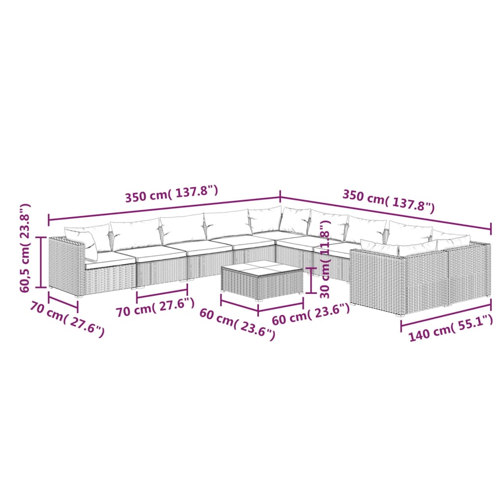 Set Divani da Giardino 11 pz con Cuscini in Polyrattan Nero 3102799