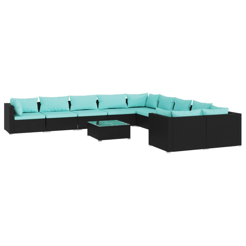 Set Divani da Giardino 11 pz con Cuscini in Polyrattan Nero 3102801